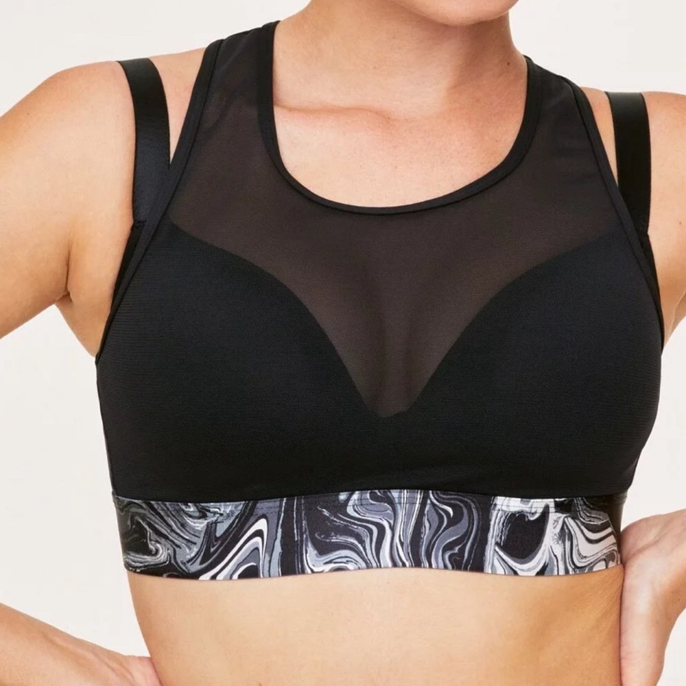 ADORE ME Black Sports Bra Size 36B with marble print band and sheer overlay